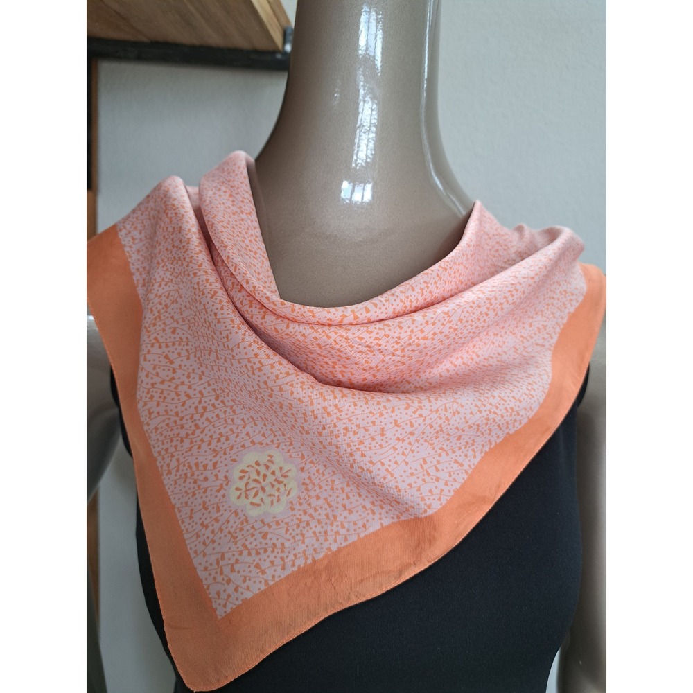 Vintage Peach Silk Square Scarf Botanical Print Tree Logo 20x20 Neck Scarf